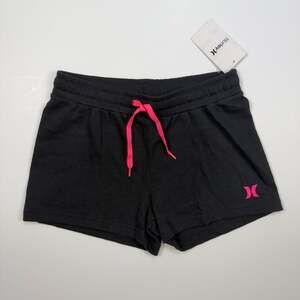 Hurley Girls Black French Terry Knit Shorts with Pink Logo and Drawstring